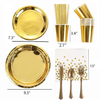 Bulk 50 Pcs Gold Disposable Dinnerware Set Paper Plates Paper Cups Paper Napkin Knife Fork Spoon Party Supplies Wholesale