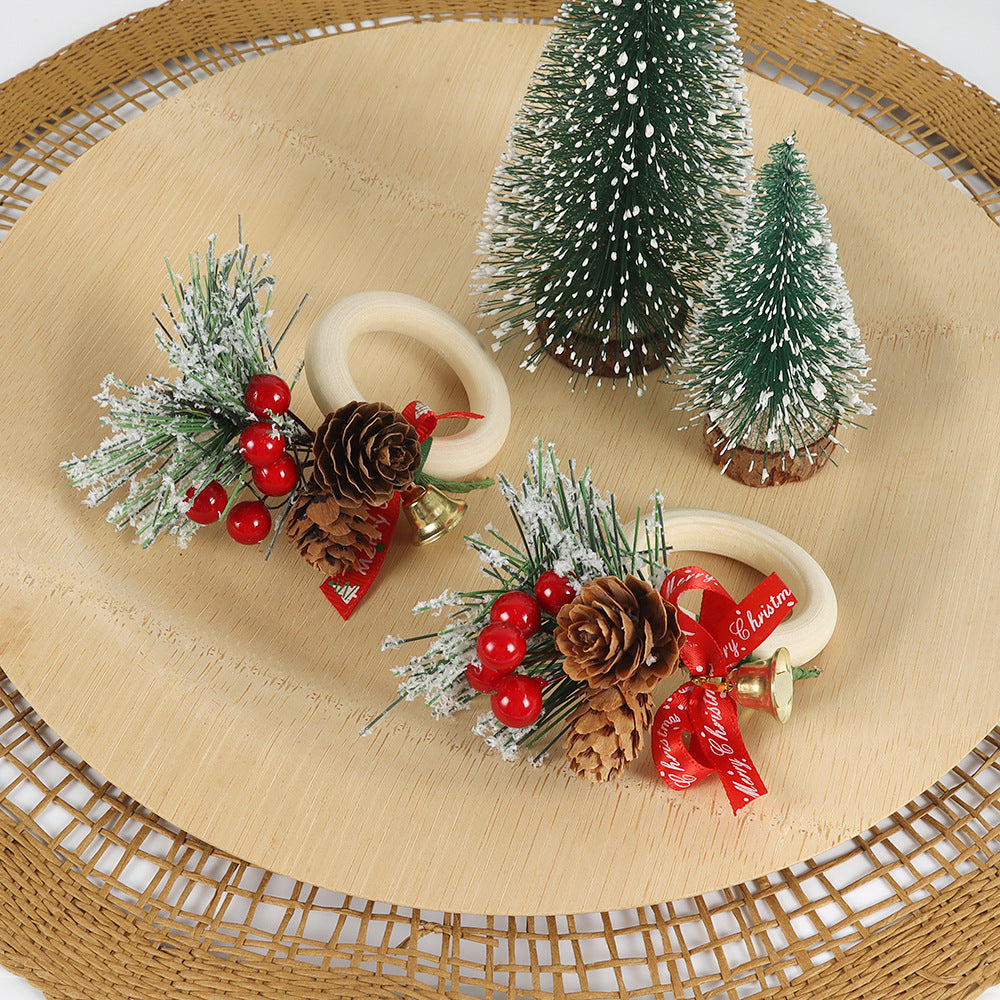 24 - Pack Christmas Wooden Napkin Rings with Pine Cones, Red Berries, Bows & Bells