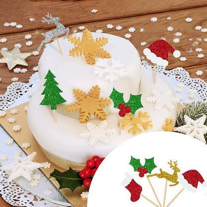 24PCS Christmas Cake Toppers - Glittery Reindeer, Tree, Stocking & Santa Hat Picks for Holiday Baking & Party Decor