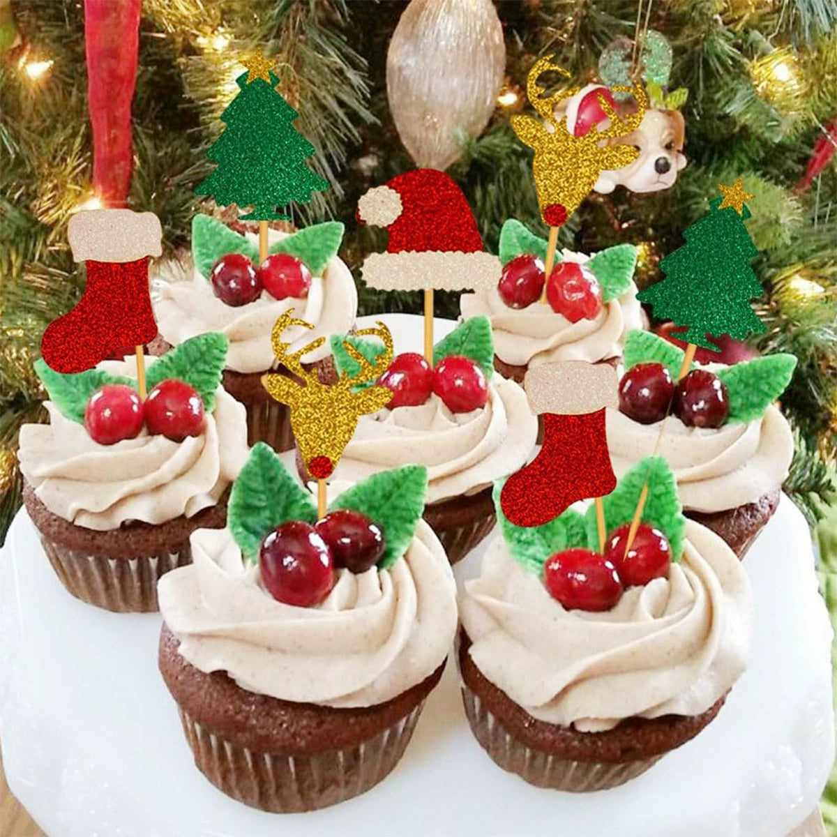 24PCS Christmas Cake Toppers - Glittery Reindeer, Tree, Stocking & Santa Hat Picks for Holiday Baking & Party Decor