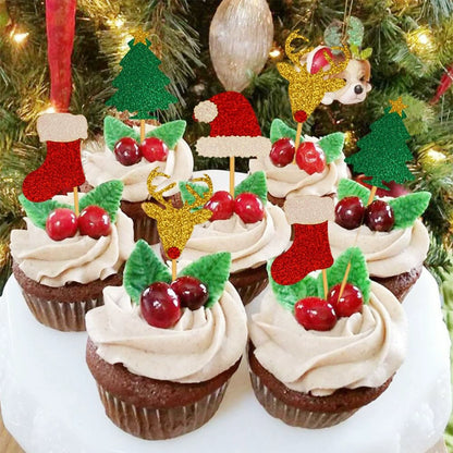 24PCS Christmas Cake Toppers - Glittery Reindeer, Tree, Stocking & Santa Hat Picks for Holiday Baking & Party Decor