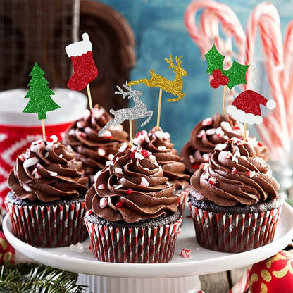 24PCS Christmas Cake Toppers - Glittery Reindeer, Tree, Stocking & Santa Hat Picks for Holiday Baking & Party Decor