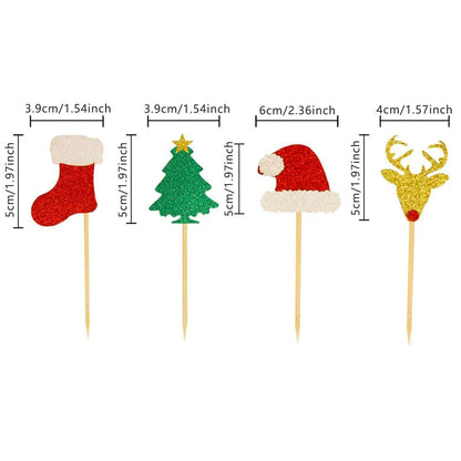 24PCS Christmas Cake Toppers - Glittery Reindeer, Tree, Stocking & Santa Hat Picks for Holiday Baking & Party Decor