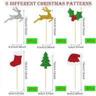 24PCS Christmas Cake Toppers - Glittery Reindeer, Tree, Stocking & Santa Hat Picks for Holiday Baking & Party Decor