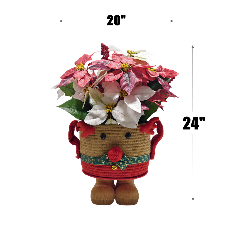 24 Inch Silk Poinsettia Berries Arrangement with Rattan Standing Deer Planter Christmas Decor Bulk