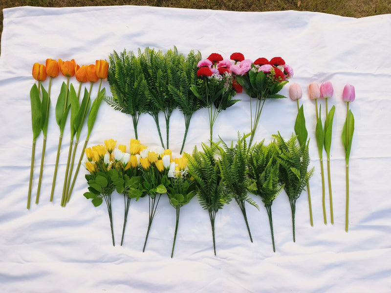 24 Pcs Artificial Outdoor Tulip and Carnation Flowers with Green Leaves UV Resistant