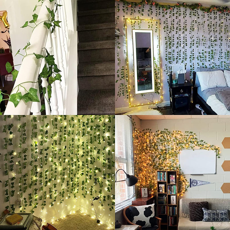 24 Pack Artificial Ivy Vines with LED String Lights, Greenery Garland Leaves, 6ft Hanging Wall Decor for Room Garden Office Wedding