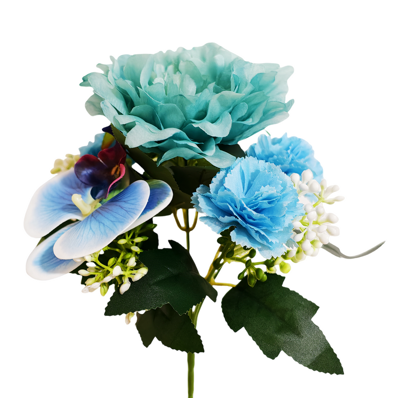 11 Inch Artificial Blue Mixed Flower Bush Bouquet with Peony, Phalaenopsis, Carnations – Bulk Wholesale