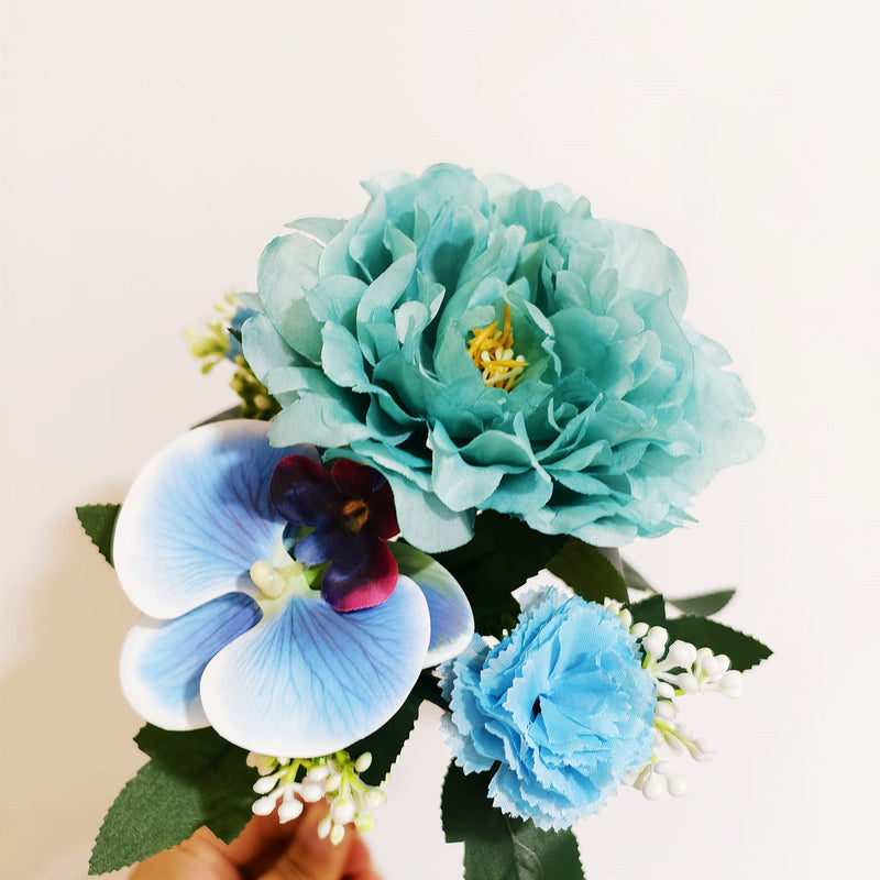 11 Inch Artificial Blue Mixed Flower Bush Bouquet with Peony, Phalaenopsis, Carnations – Bulk Wholesale