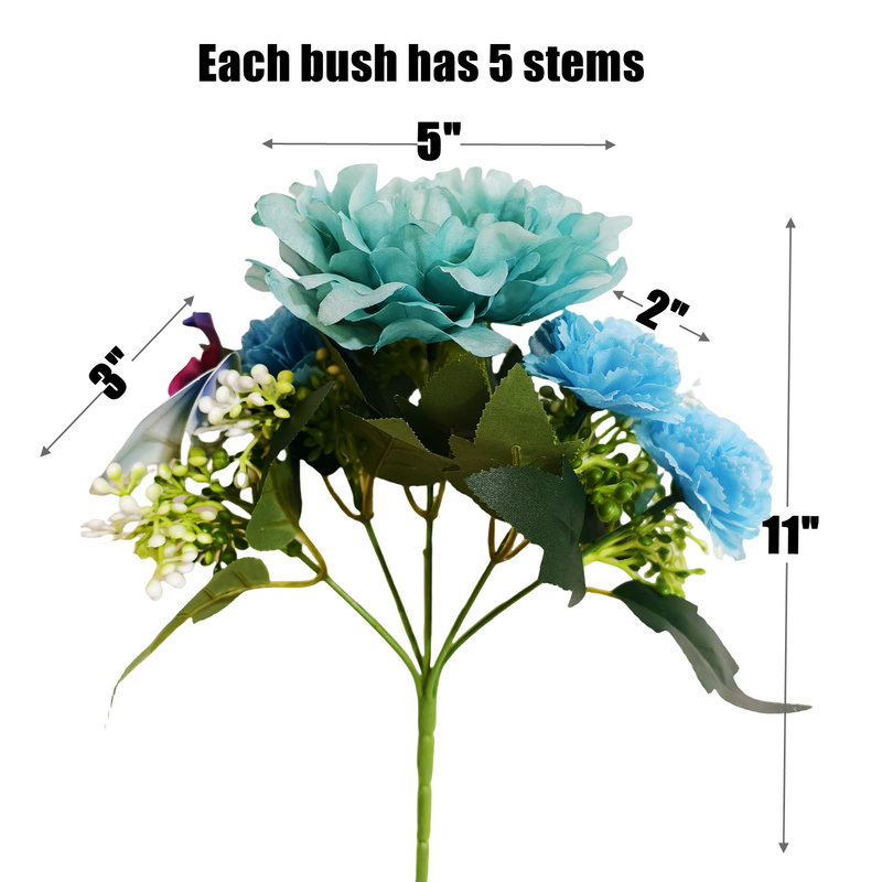 11 Inch Artificial Blue Mixed Flower Bush Bouquet with Peony, Phalaenopsis, Carnations – Bulk Wholesale