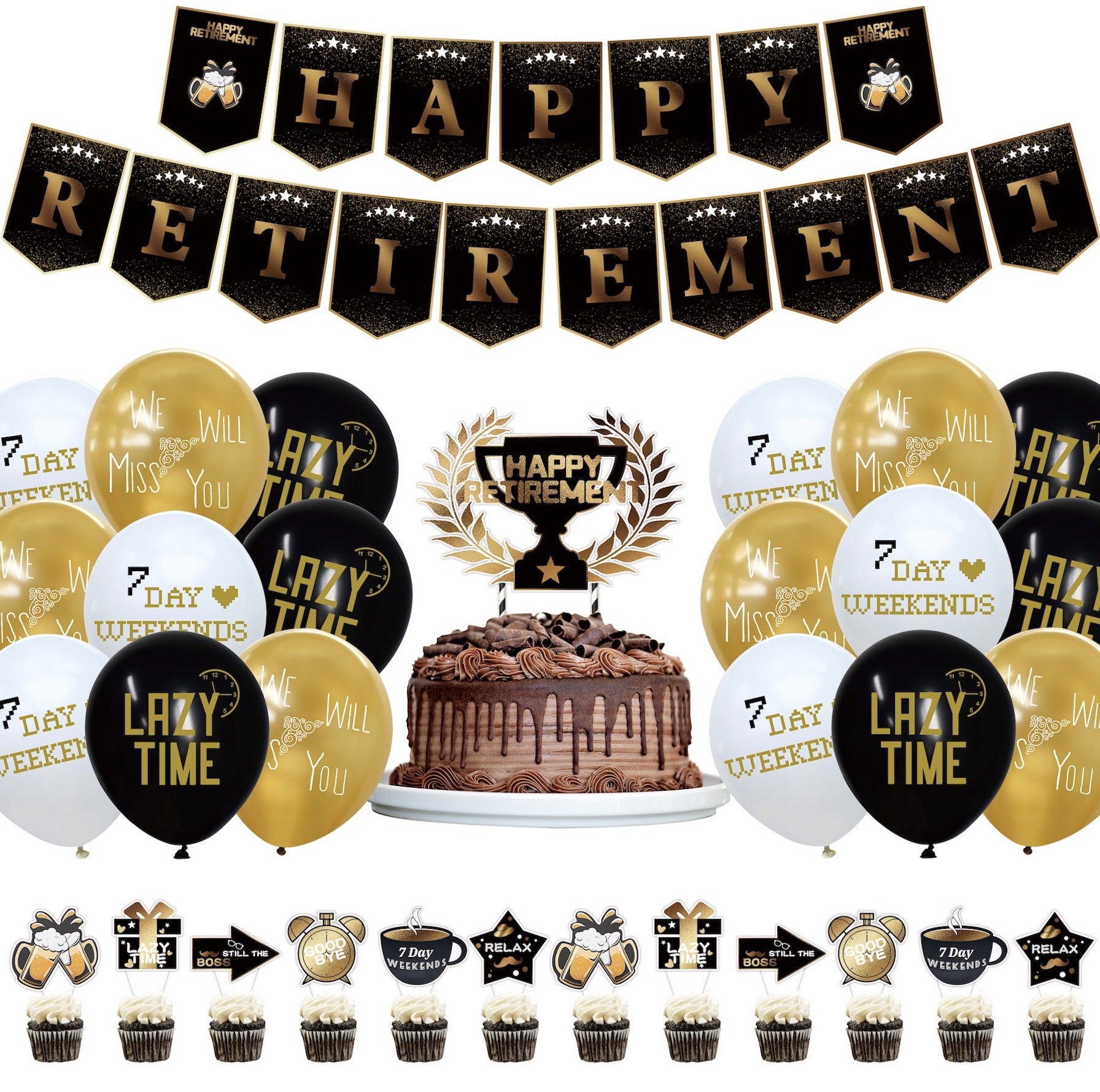 29-Piece Happy Retirement Decor Kit - Banner, Balloons & Cake Toppers