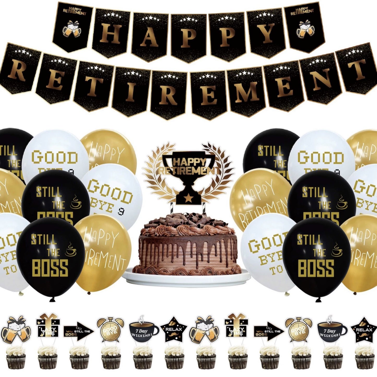 29-Piece Happy Retirement Decor Kit - Banner, Balloons & Cake Toppers