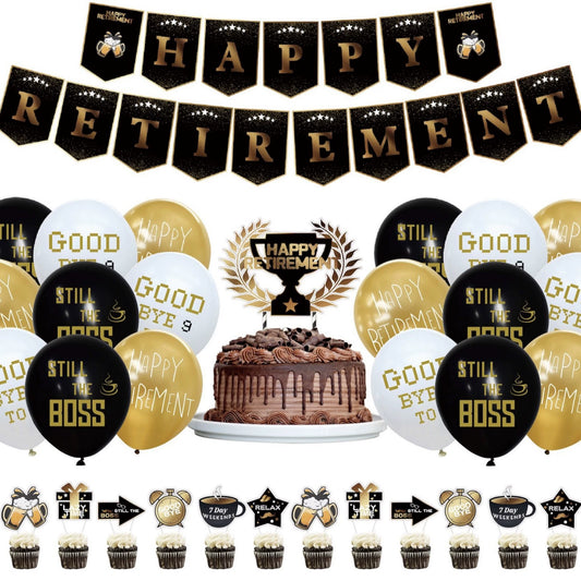 29-Piece Happy Retirement Decor Kit - Banner, Balloons & Cake Toppers