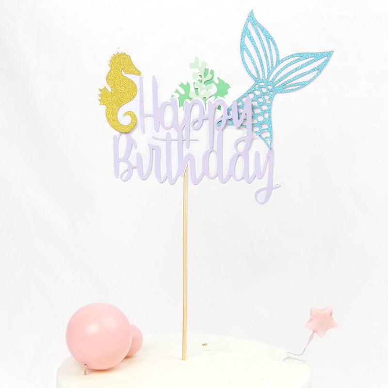2PCS Shiny Mermaid Tail Cake Topper - Ocean Theme Happy Birthday Decor for Kids’ Party