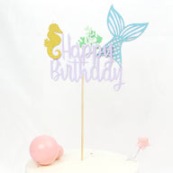 2PCS Shiny Mermaid Tail Cake Topper - Ocean Theme Happy Birthday Decor for Kids’ Party