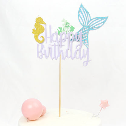2PCS Shiny Mermaid Tail Cake Topper - Ocean Theme Happy Birthday Decor for Kids’ Party