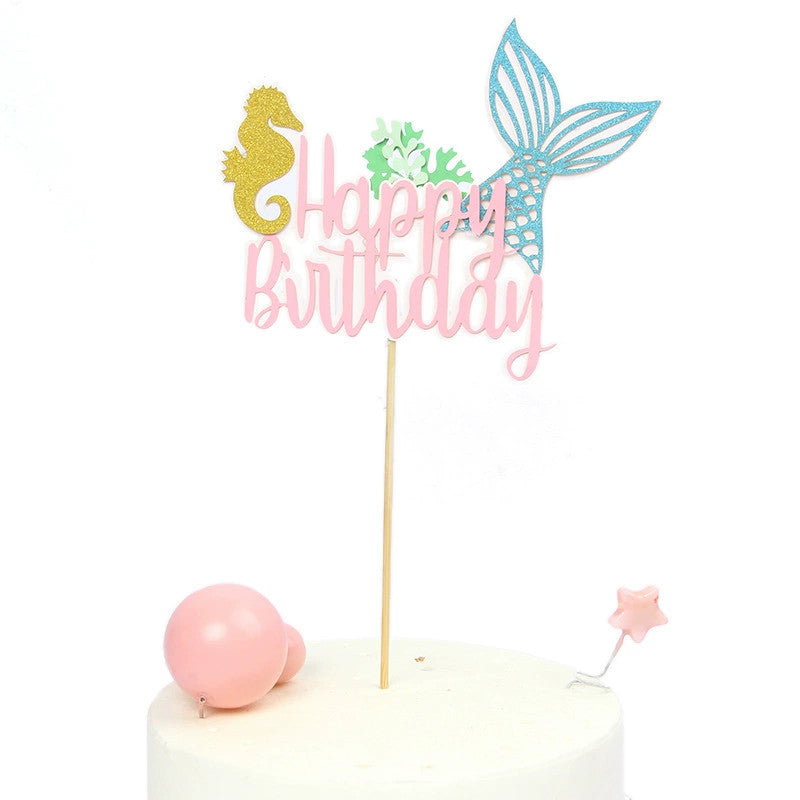 2PCS Shiny Mermaid Tail Cake Topper - Ocean Theme Happy Birthday Decor for Kids’ Party