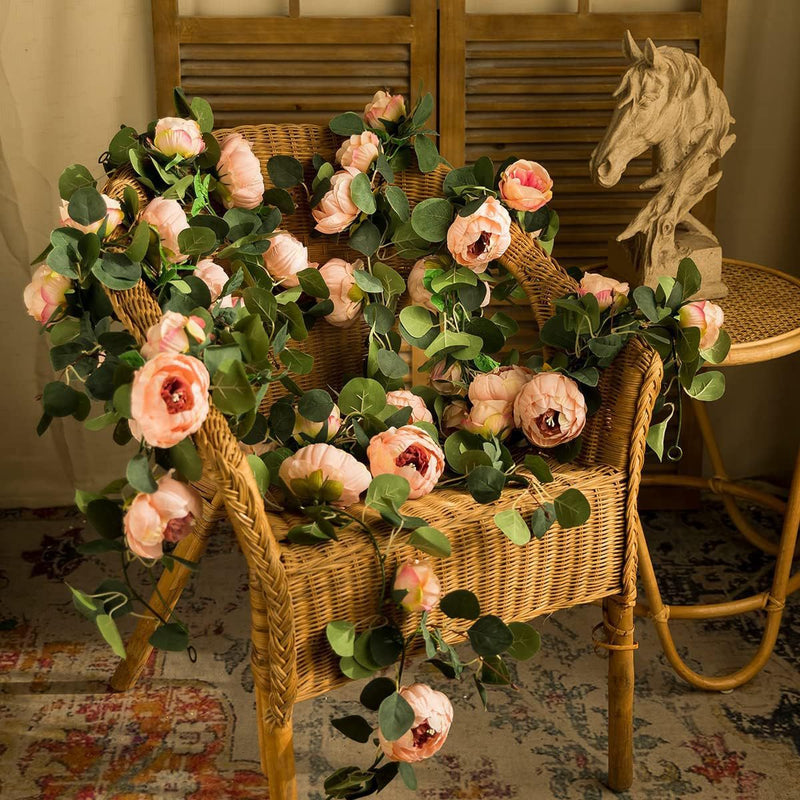 2 Pack Artificial Peony Flower and Eucalyptus Garlands Bulk Silk Floral Decor