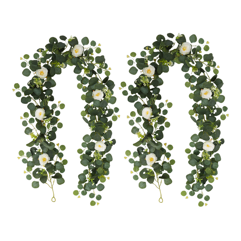 2 Pack Faux Eucalyptus and Rose Flower Hanging Garland, Artificial Greenery Decor for Home Party Table