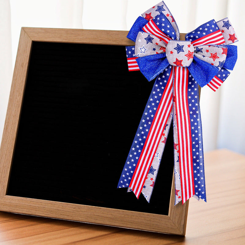 2 Pcs Patriotic Burlap Bows with Stars for 4th of July Gift Wrapping and Party Decoration