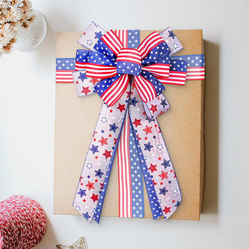 2 Pcs Patriotic Burlap Bows with Stars for 4th of July Gift Wrapping and Party Decoration