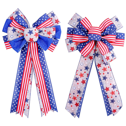 2 Pcs Patriotic Burlap Bows with Stars for 4th of July Gift Wrapping and Party Decoration