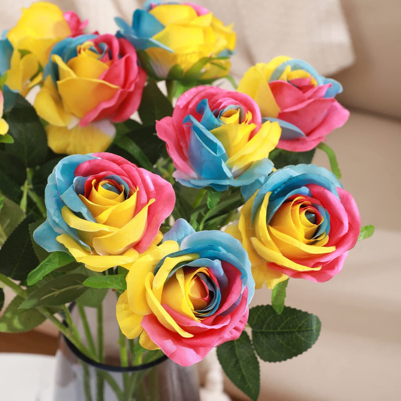 19 Inch Rainbow Rose Stem Artificial Flower 10 Pcs Colorful Silk Roses for Arrangements Centerpieces