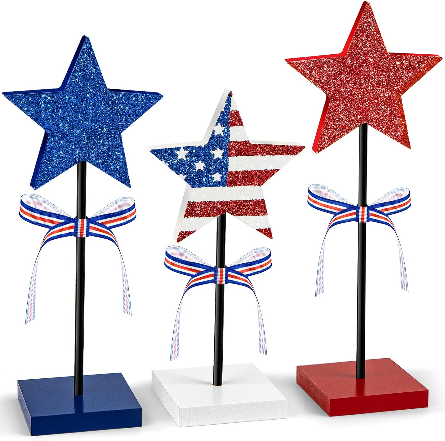 Bulk Rustic Wooden Star Set for Labor Day Red White and Blue Patriotic Decorations for Home Tables and Tiered Trays Wholesale