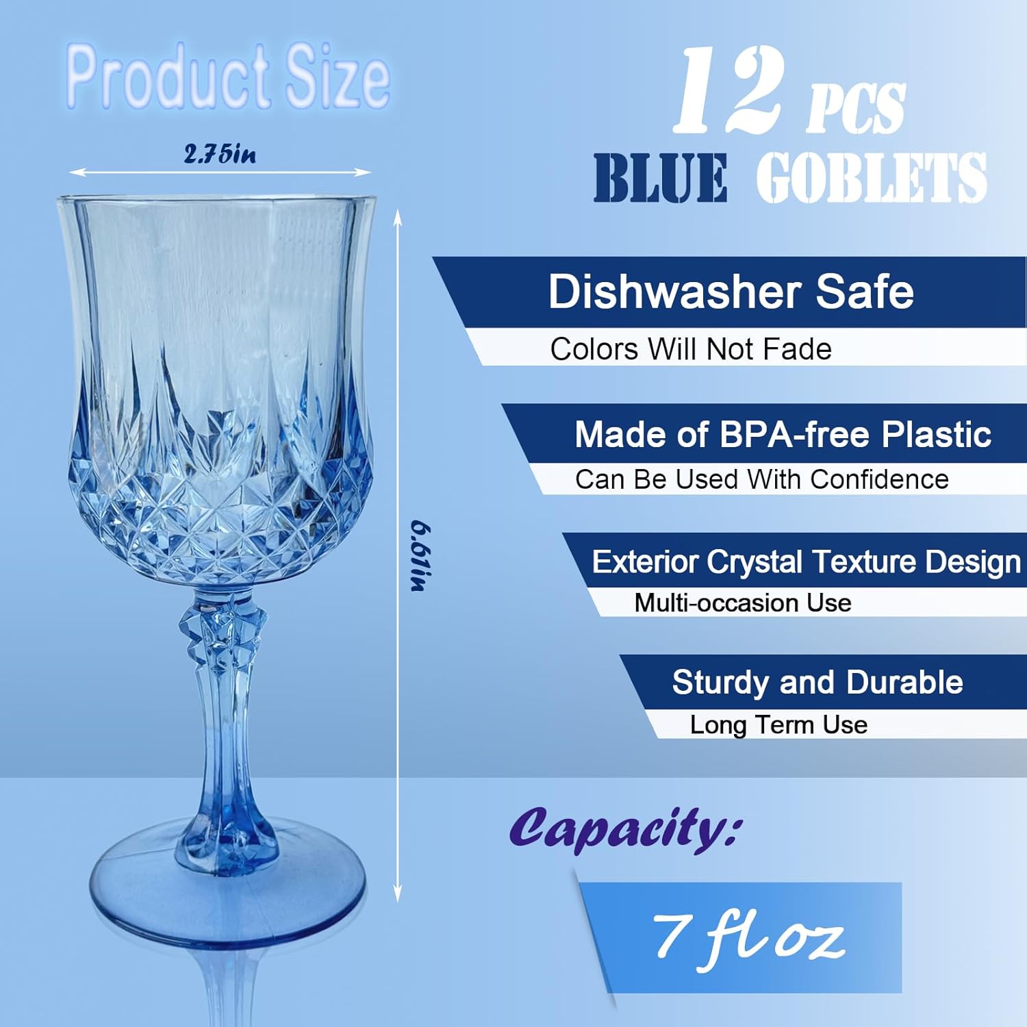 Bulk 12Pcs Reusable Blue Crystal Cut Plastic Wine Glasses Shatterproof 7 oz Cocktail Goblets for Parties and Events Wholesale