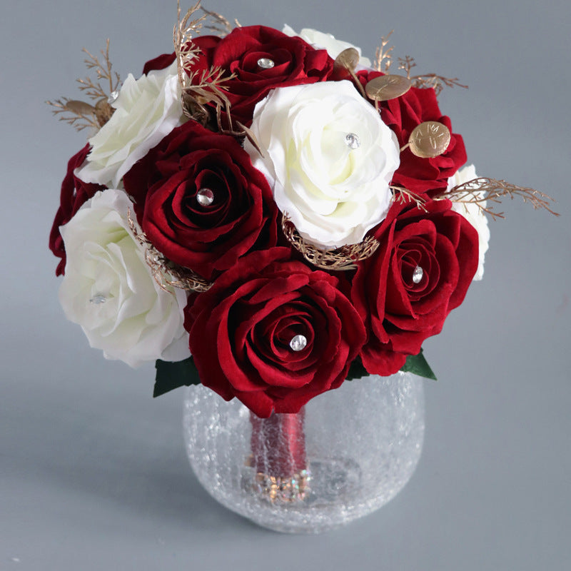 Bulk 9" Bridal Bouquet Burgundy & White Artificial Roses Wedding Bouquets Wholesale