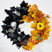 Halloween Mesh Pine Cone Berry Rattan Wreath with Skull 18 Inch Black Bulk Wholesale