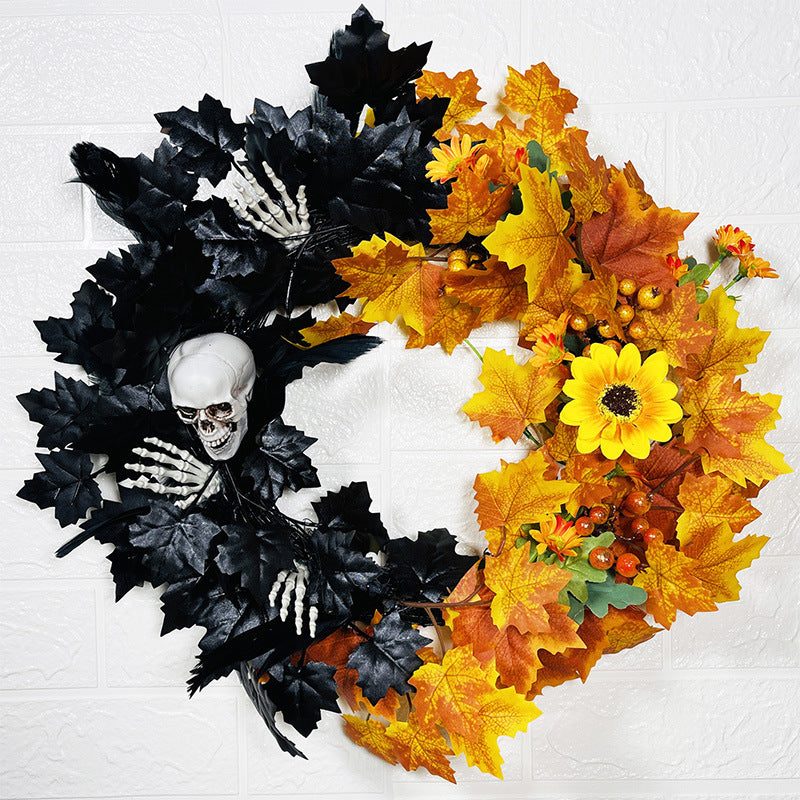 Halloween Mesh Pine Cone Berry Rattan Wreath with Skull 18 Inch Black Bulk Wholesale
