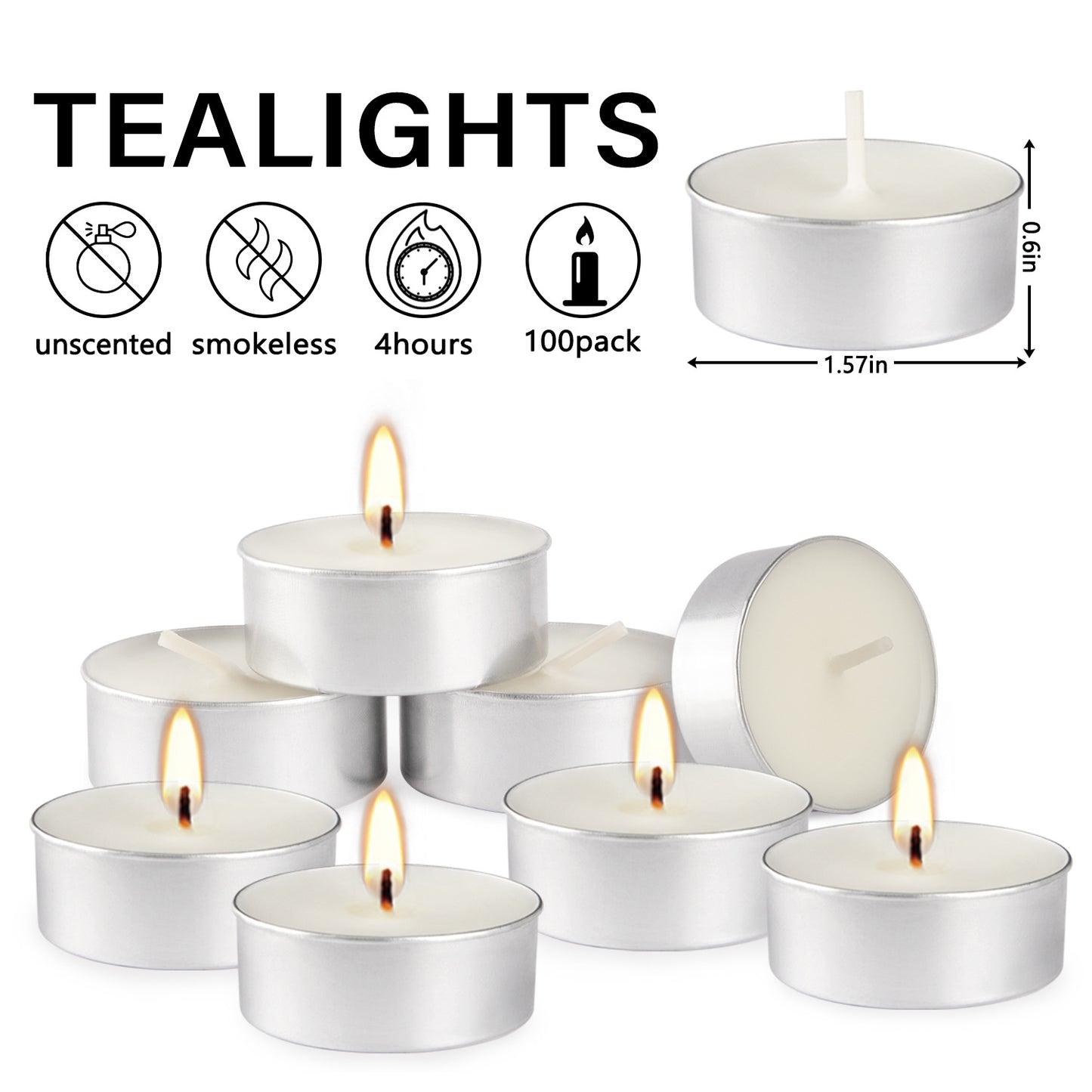 Bulk 100 Pcs Unscented Smokeless White Tea Light Candles  with 4-Hour Burn Time for Home Decor Shabbat Weddings Events Birthday Parties Wholesale