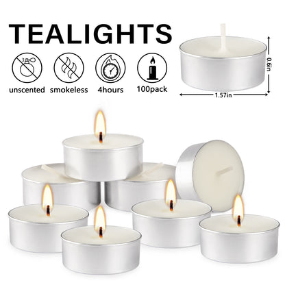 Bulk 100 Pcs Unscented Smokeless White Tea Light Candles  with 4-Hour Burn Time for Home Decor Shabbat Weddings Events Birthday Parties Wholesale