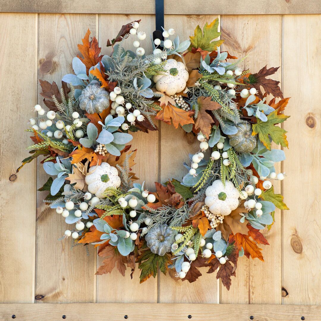 Bulk 14" and 18" Fall Halloween Thanksgiving Christmas Wreaths with Frosted Leaves and Pumpkins for Door Decorations Wholesale