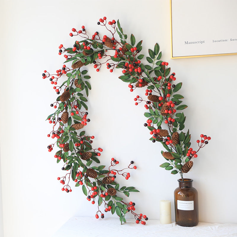 71 Inch Christmas Red Poinsettia Berry Garland Ring Rattan Artificial Holiday Decoration