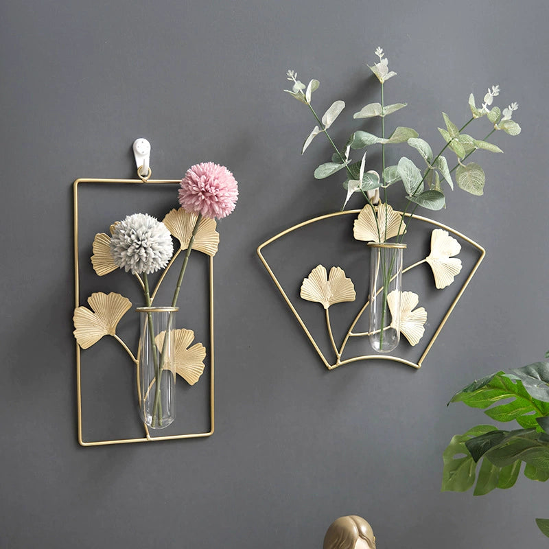 Bulk Wall Mounted Gold Metal Plant Stand with Glass Tube Vase Hanging Planter for Home Living Room Office Decor Wholesale