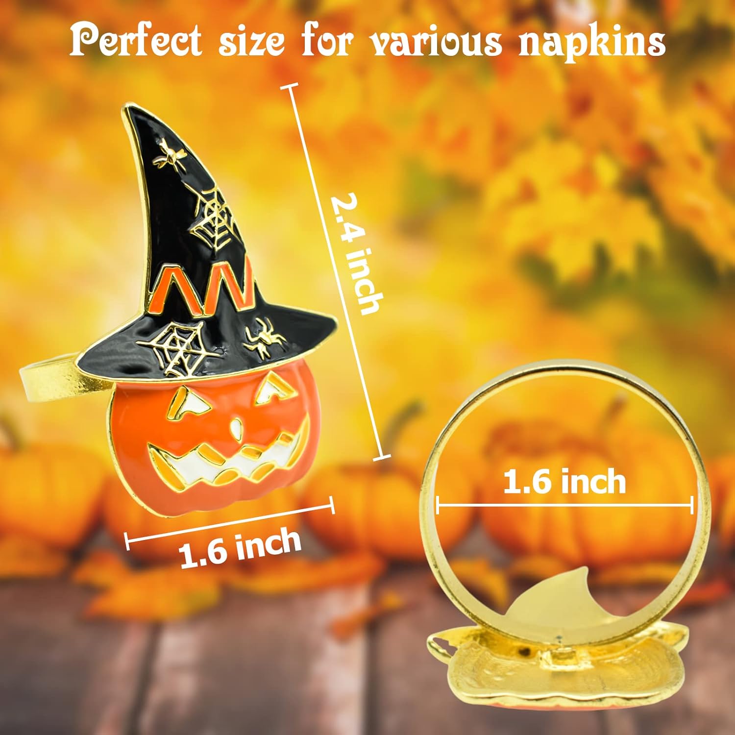 Bulk 6 Pcs Spooky Halloween Napkin Rings Orange Pumpkin and Black Witch Hat Design for Festive Party Table Decor Wholesale