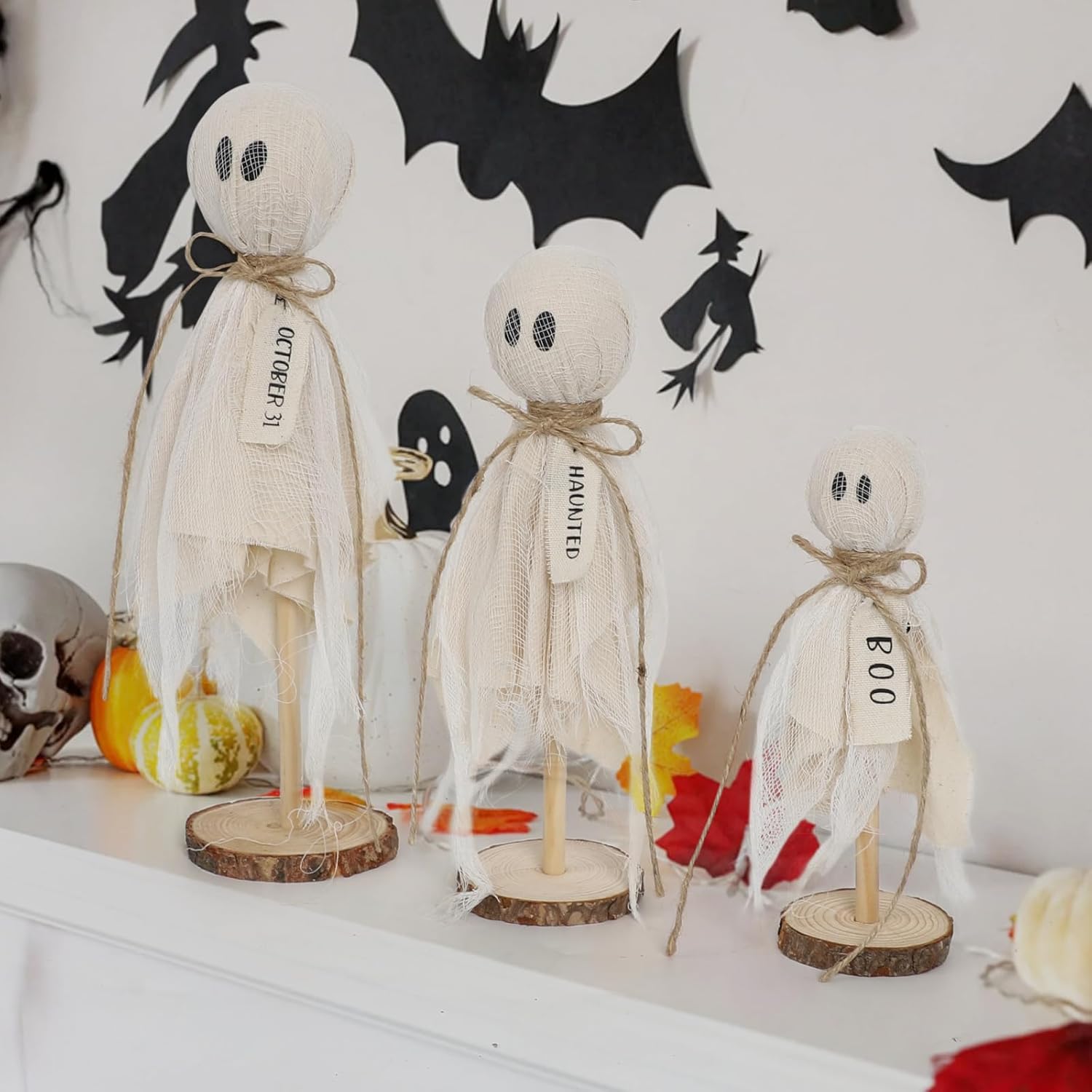 Bulk 3Pcs Halloween Indoor Decorations Set of 3 Original Wooden Ghosts on Stands for Table Centerpieces Shelves and Fireplaces Spooky Halloween Decor Wholesale