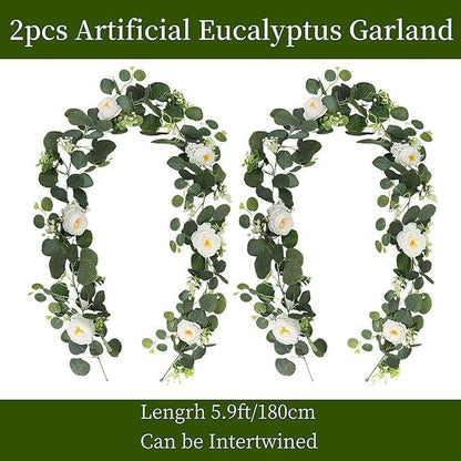 Bulk 2Pcs 5.9Ft Artificial Eucalyptus Garland with Roses Faux Flower Vine for Wedding Party Home Table Decor Wholesale