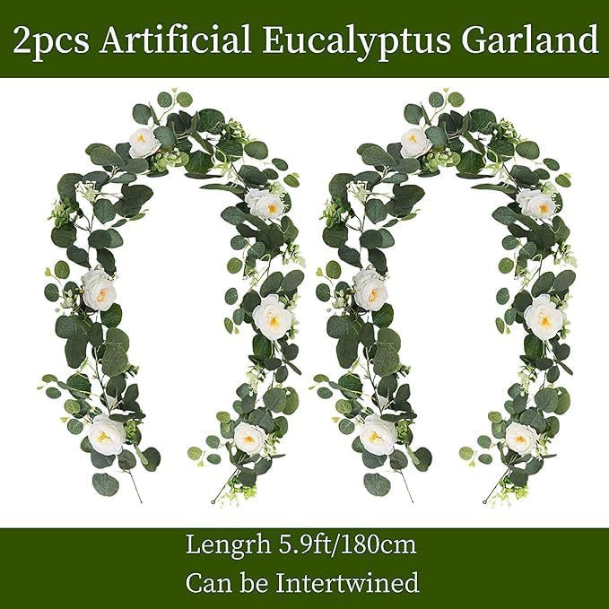 Bulk 2Pcs 5.9Ft Artificial Eucalyptus Garland with Roses Faux Flower Vine for Wedding Party Home Table Decor Wholesale