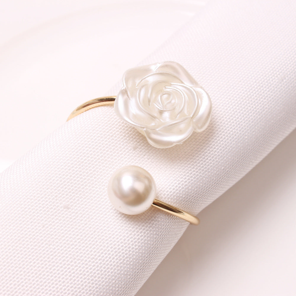 Bulk 6 Pcs Rose Napkin Rings White Pearl Flower Napkin Holders for Dining Table Wedding Banquet Valentine's Day and Party Wholesale