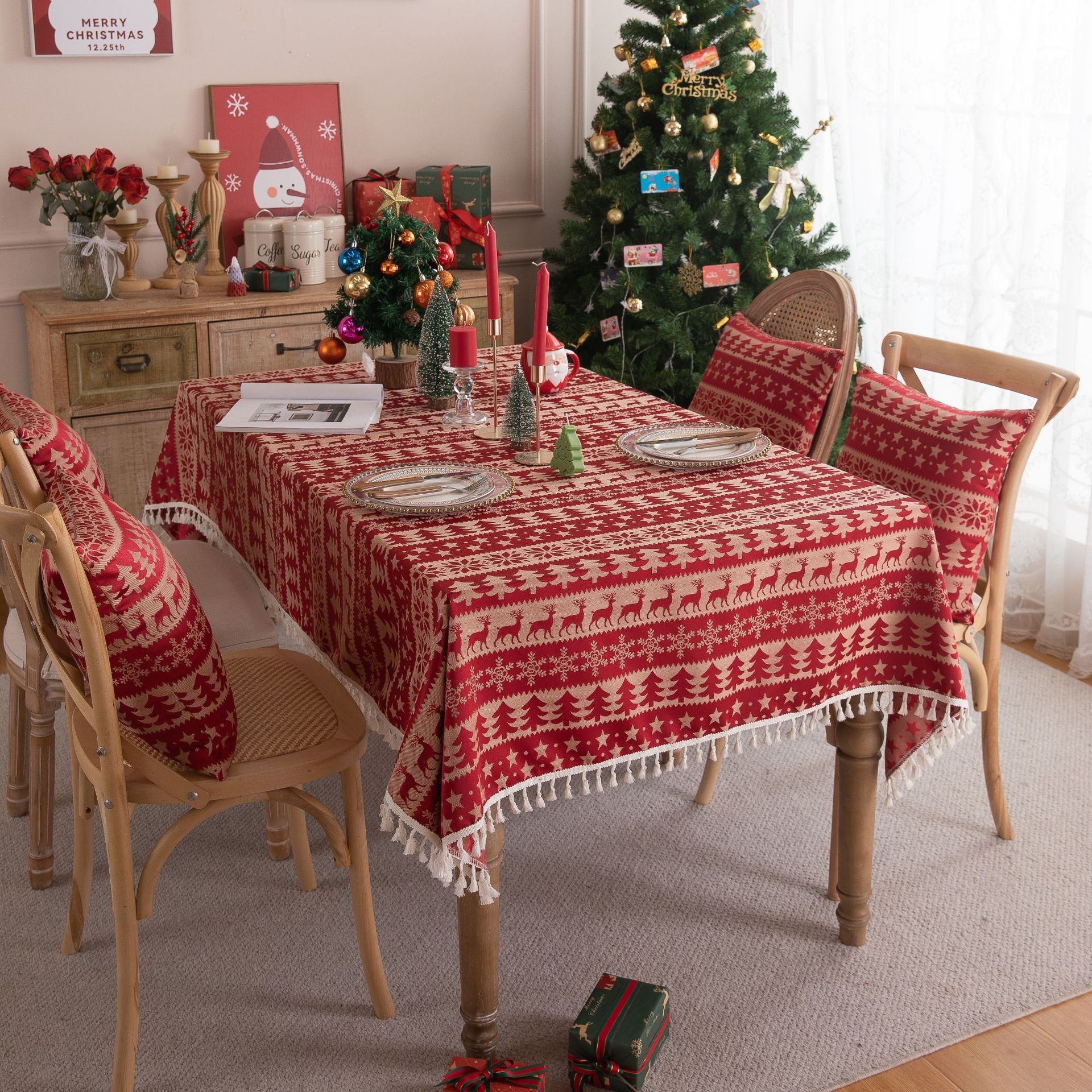 Bulk Red Printed Polyester Tablecloth with Tassels Washable, Dust-Resistant Rectangle Table Cover for Christmas and New Year Decorations Wholesale