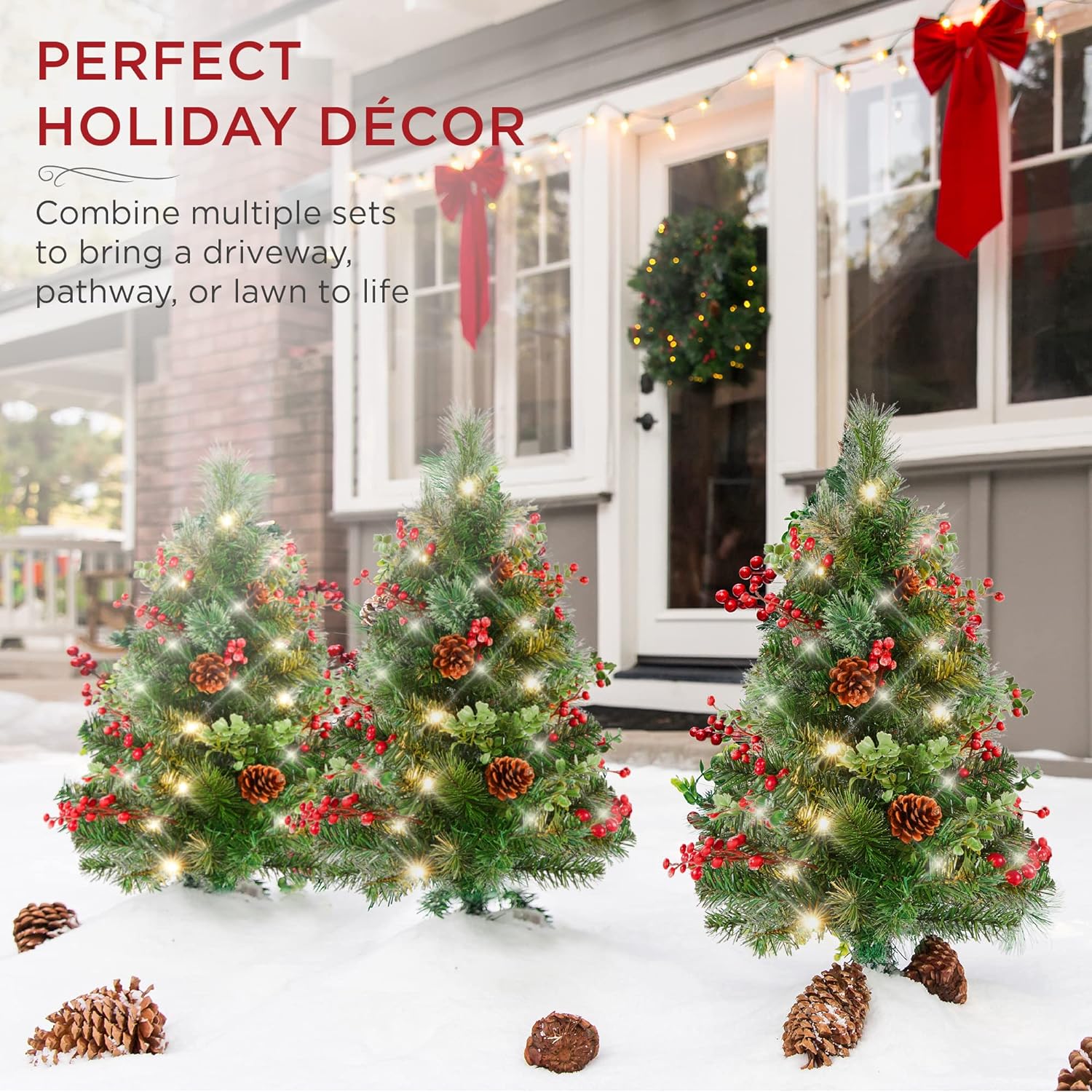 Bulk Set of 2 Pre-Lit 30" Outdoor Christmas Pathway Trees Battery Operated LED Lights with Red Berries and Pine Cones for Holiday Decor Wholesale