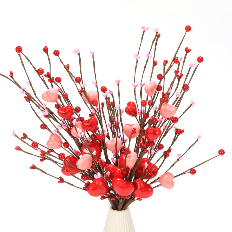 Bulk 3Pcs Red Heart Berry Stems Artificial Valentine’s Day Flowers for Home Office Table Decor Wholesale