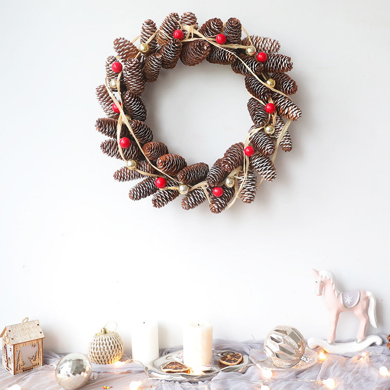 Christmas Log Pine Cone Red Berry Fish Scale Artificial Wreath 16 Inch