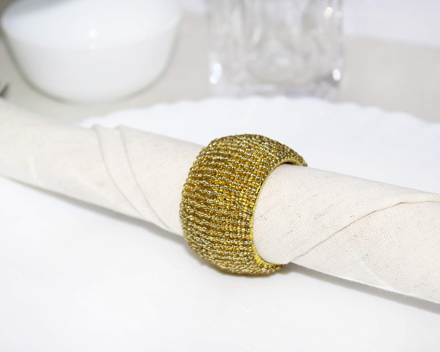 Bulk Set of 6 Gold Handmade Beaded Napkin Rings Elegant Table Napkin Holders for Dining Parties and Everyday Wholesale