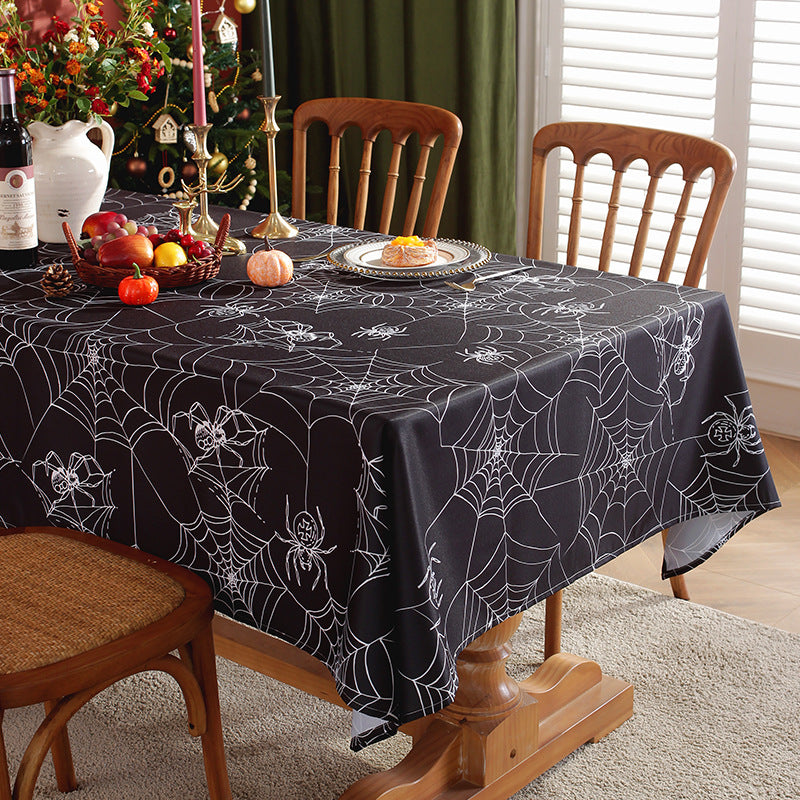 Bulk Spooky Halloween Black Spider Web Rectangular Tablecloth Spill-Proof Polyester Cover for Dining Banquets Parties and Camping Wholesale