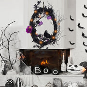 Artificial Maple Leaf Halloween Wreath with Black Crow, Purple Rose, Pumpkin & Grapevine – Fall Party Decoration, Bulk Wholesale