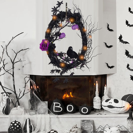 Artificial Maple Leaf Halloween Wreath with Black Crow, Purple Rose, Pumpkin & Grapevine – Fall Party Decoration, Bulk Wholesale